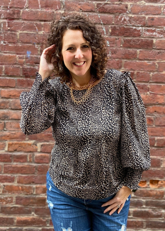 Smocked Cuff Animal Print Blouse