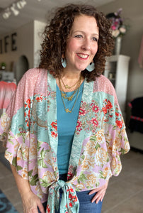 Floral and Dot Tie Front Kimono