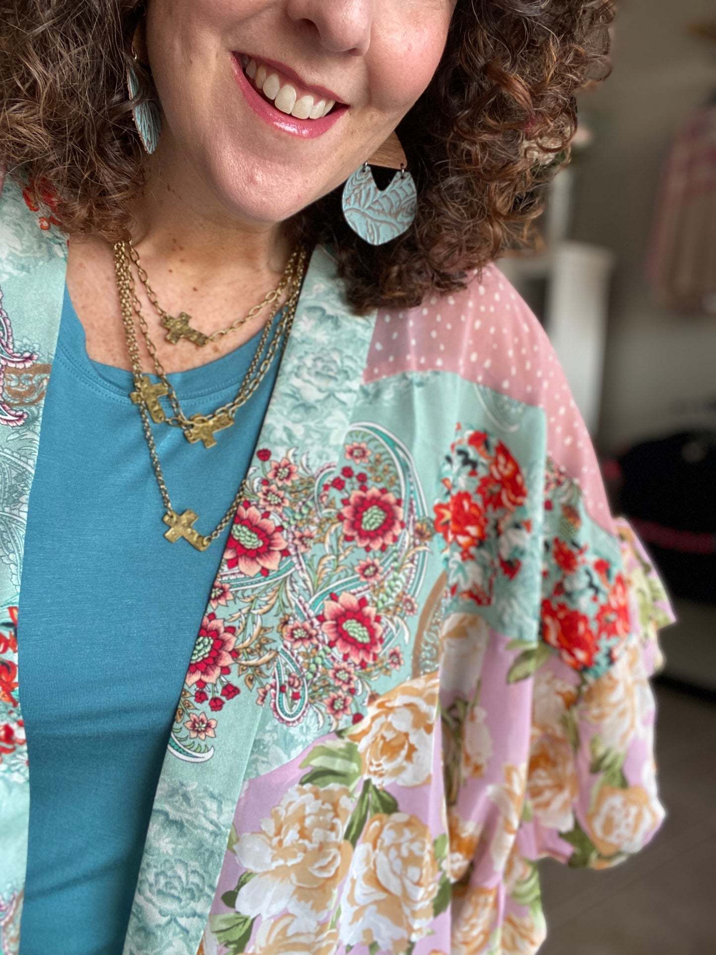 Floral and Dot Tie Front Kimono