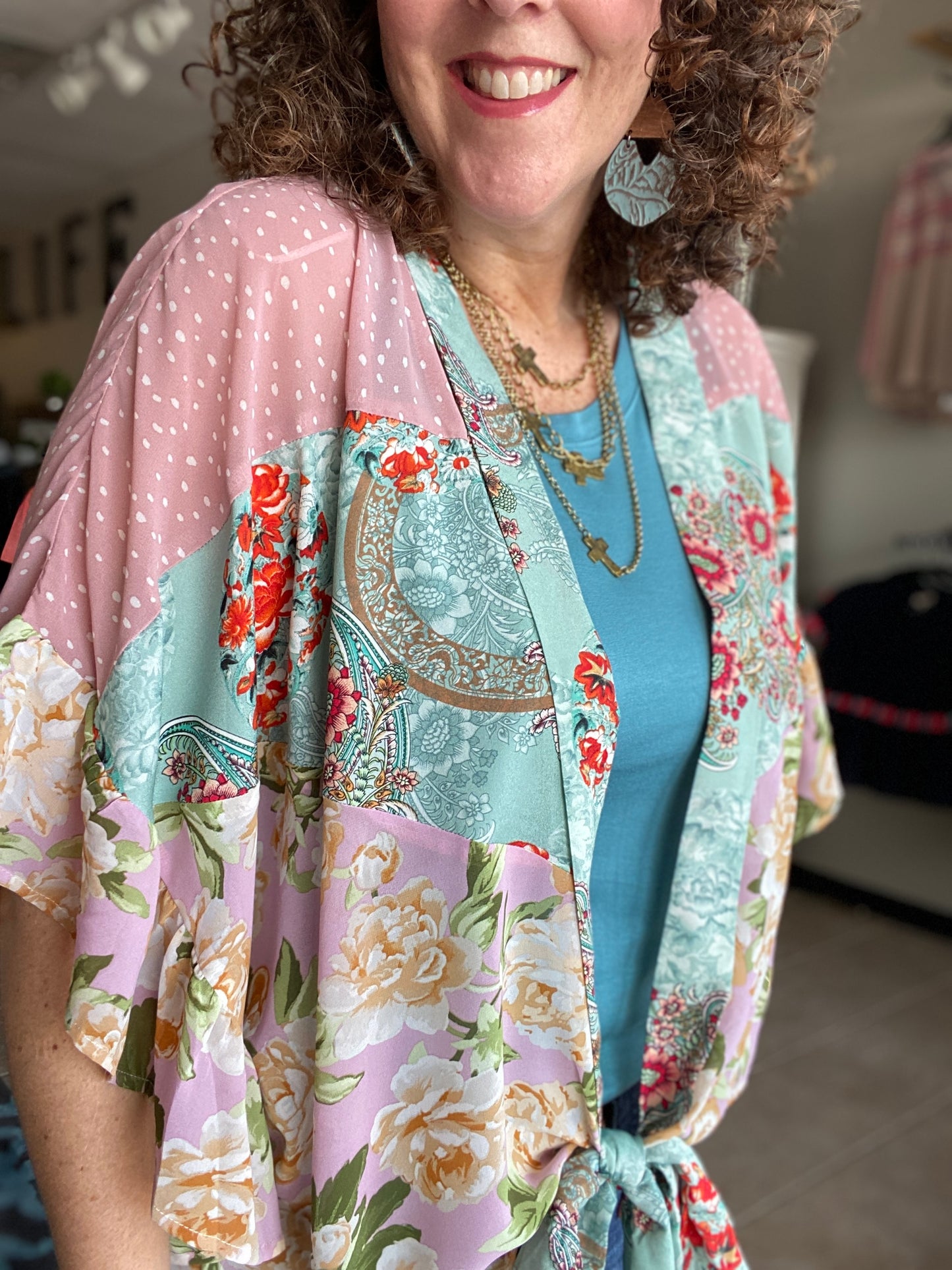 Floral and Dot Tie Front Kimono