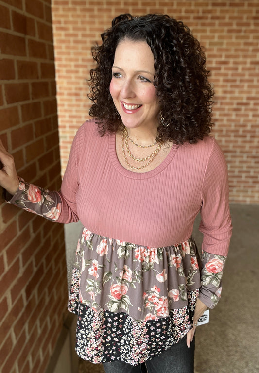 Mauve and Mixed Floral Babydoll Top