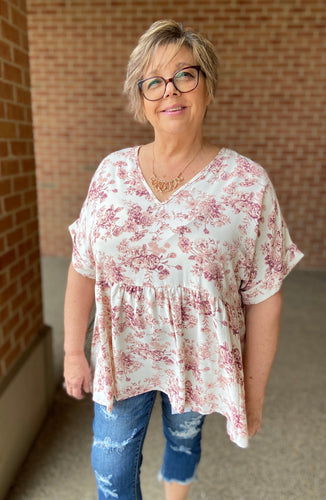 Antique Floral V Neck Curvy Top