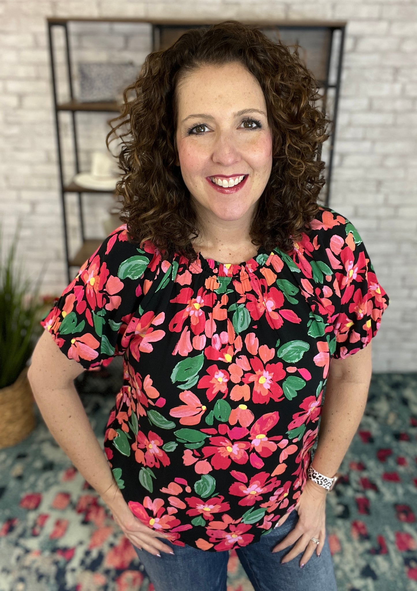 Coral Floral Ruffle Neck Top