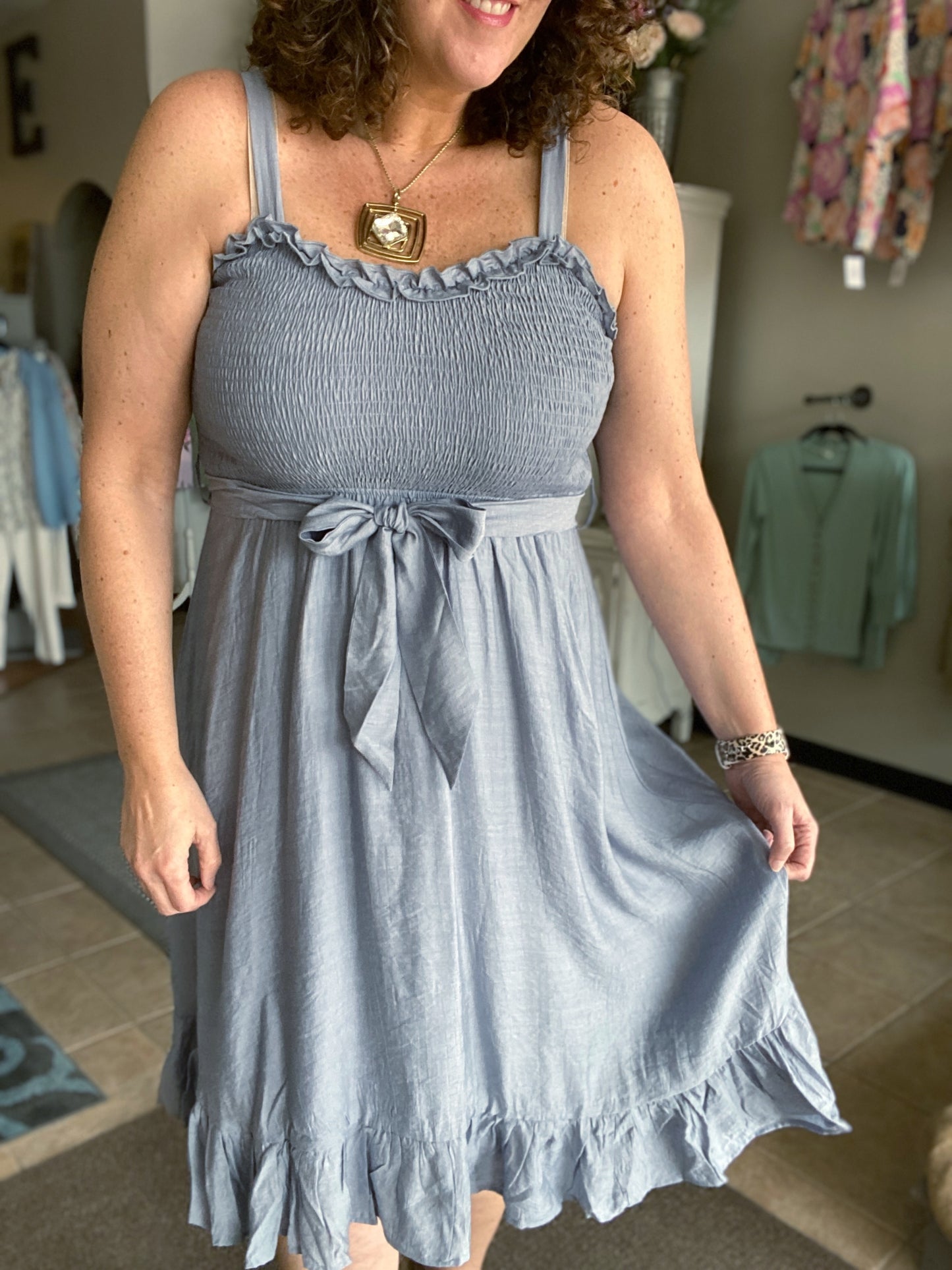 Chambray Smocked Dress with Tie