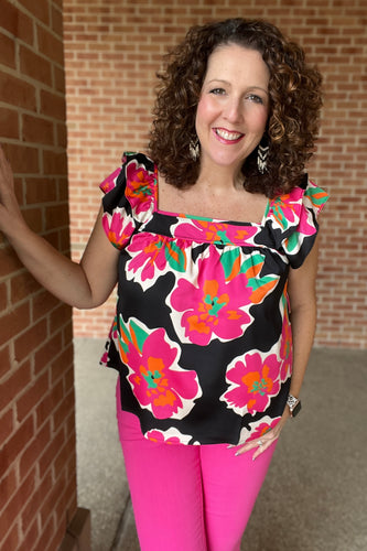 Bold Floral Top with Ruffled Cap Sleeves