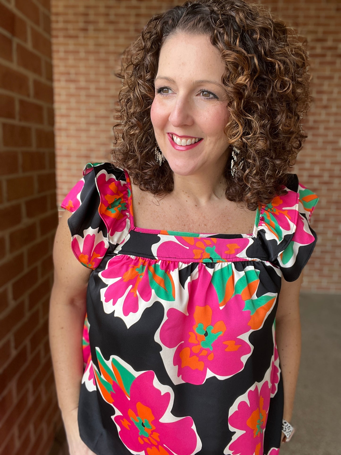 Bold Floral Top with Ruffled Cap Sleeves