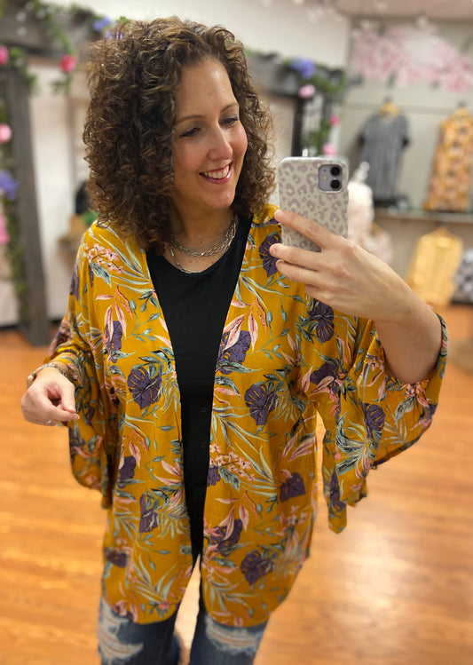 Mustard Palm Kimono with Ruffle Sleeve