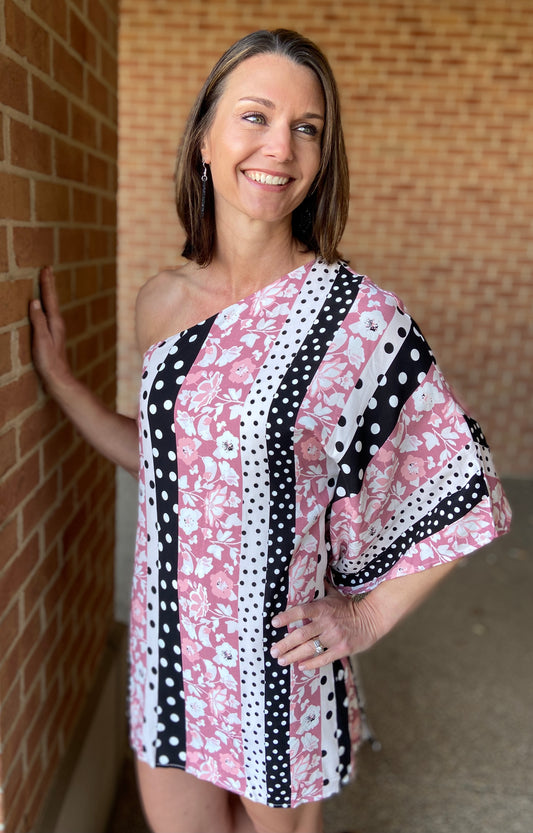 Dot and Floral One Shoulder Dress