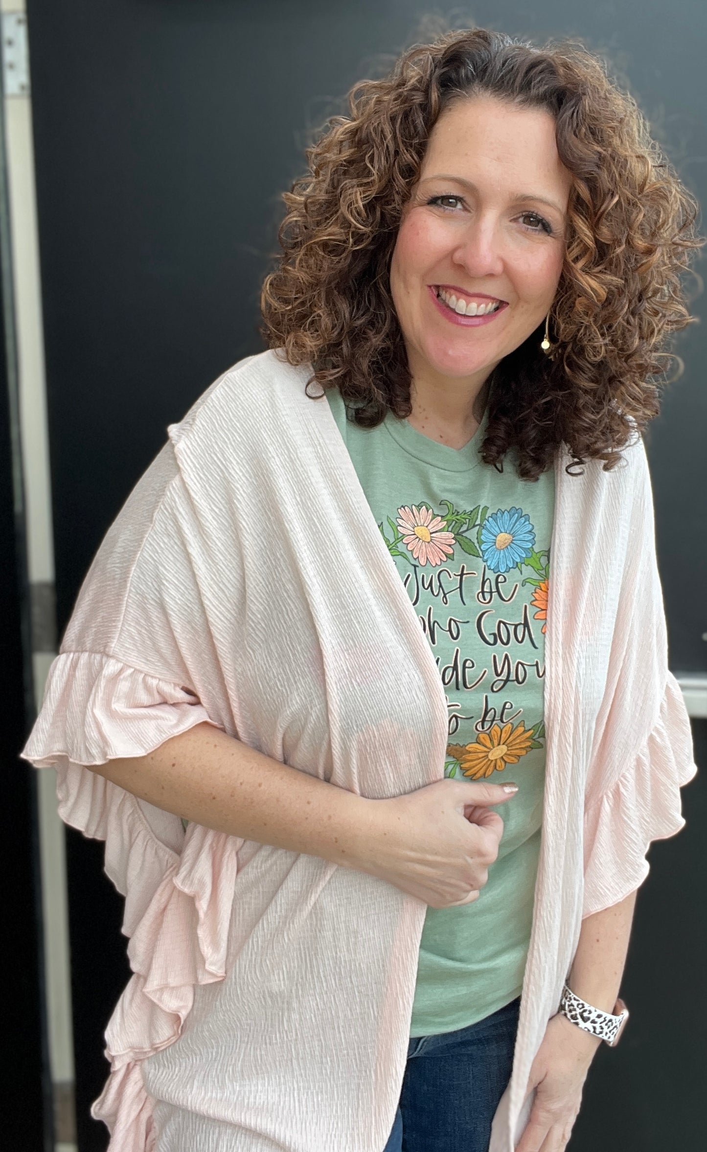 Lightweight Blush Cardigan with Ruffle Sleeve