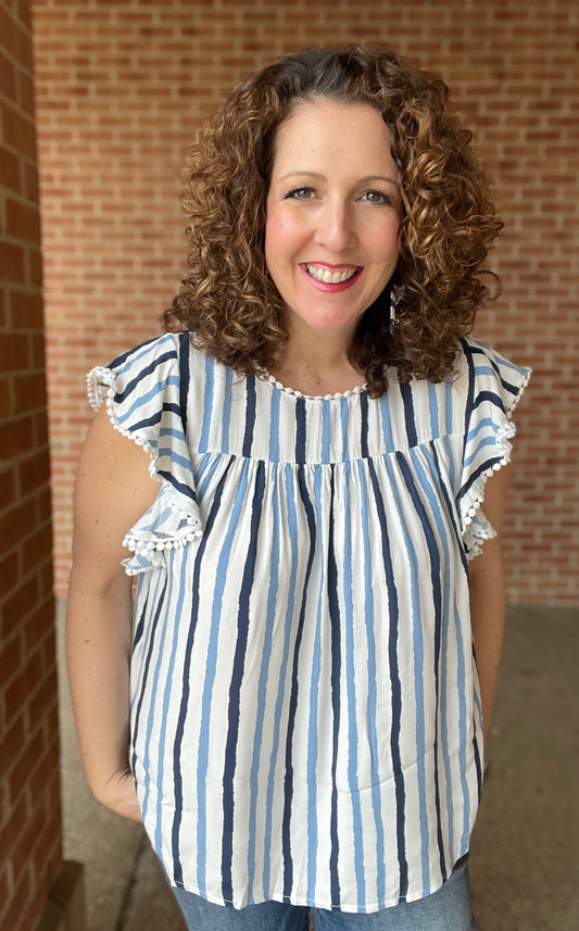 Mixed Blue Striped Top with Trim