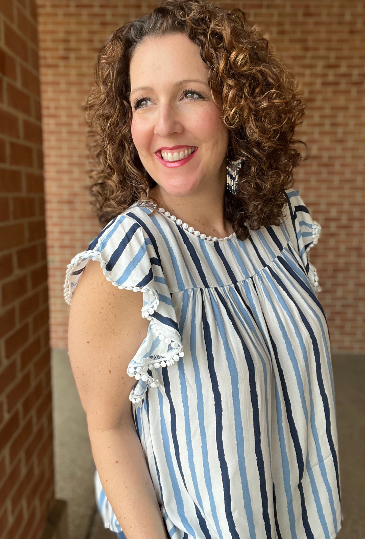 Mixed Blue Striped Top with Trim