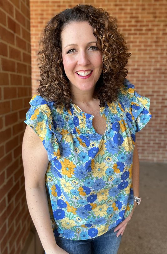 Bright Floral Smocked Top with Ruffle Sleeve