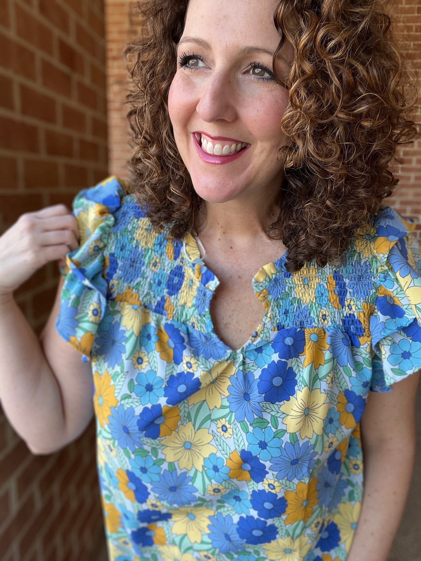 Bright Floral Smocked Top with Ruffle Sleeve