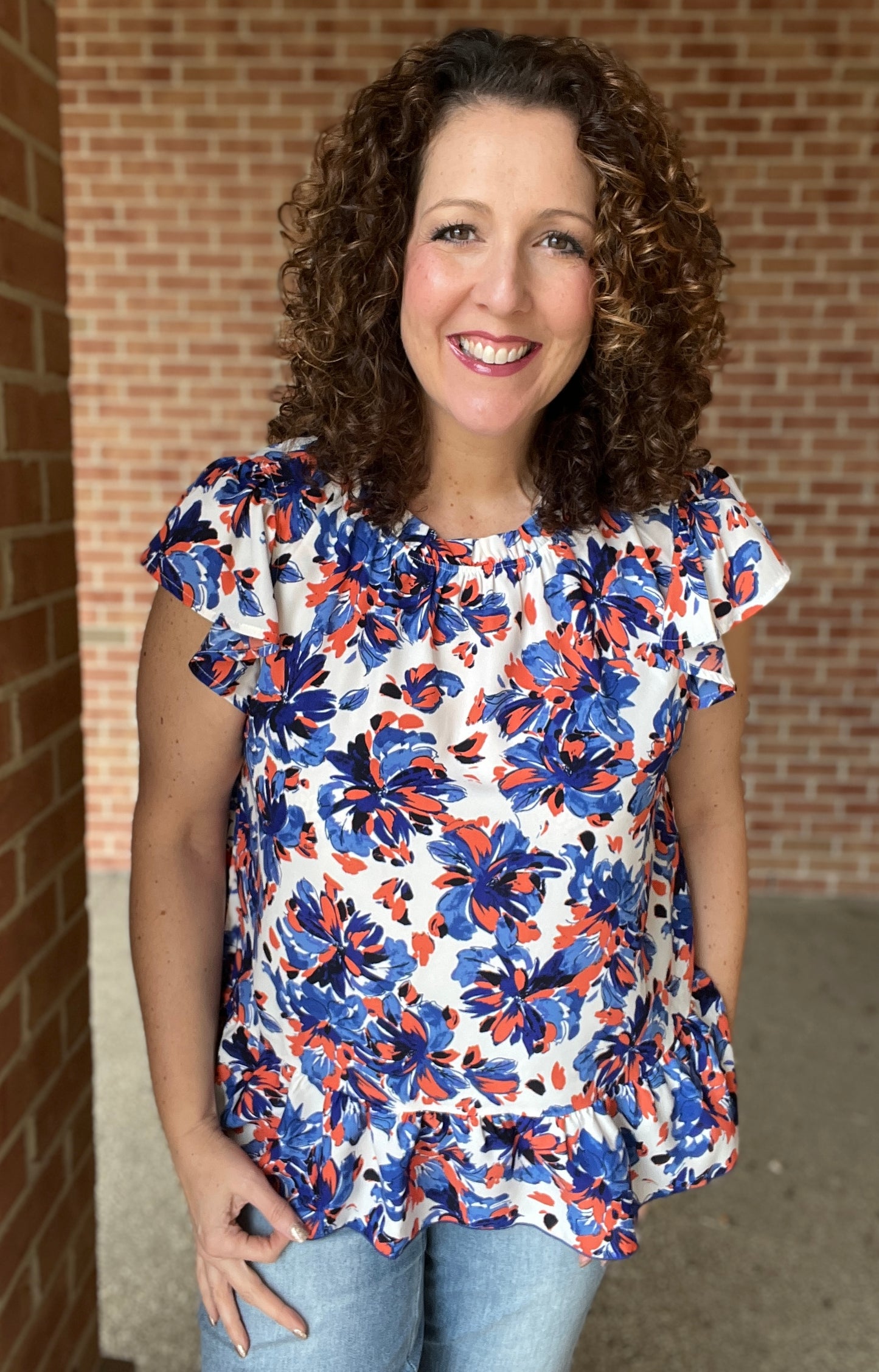 Ruffle Neck Painted Floral Top