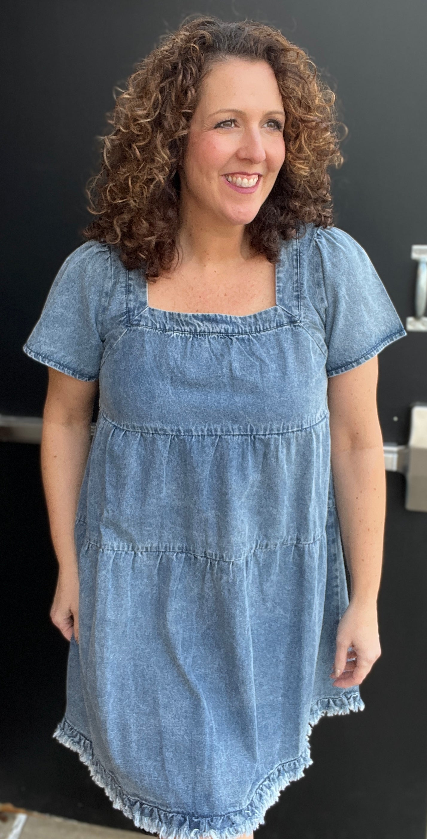 Tiered Denim Dress with Frayed Bottom