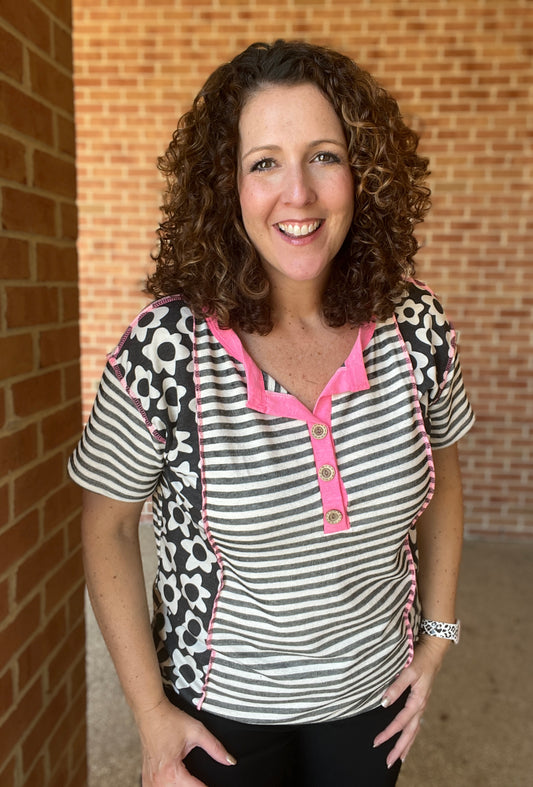 Stripe and Floral Henley Top