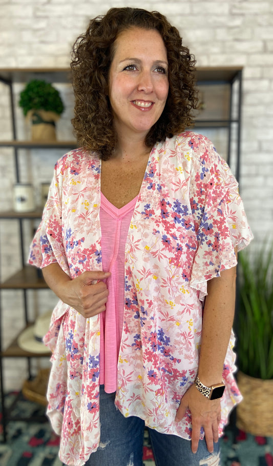 Pinky Floral Ruffle Sleeve Kimono