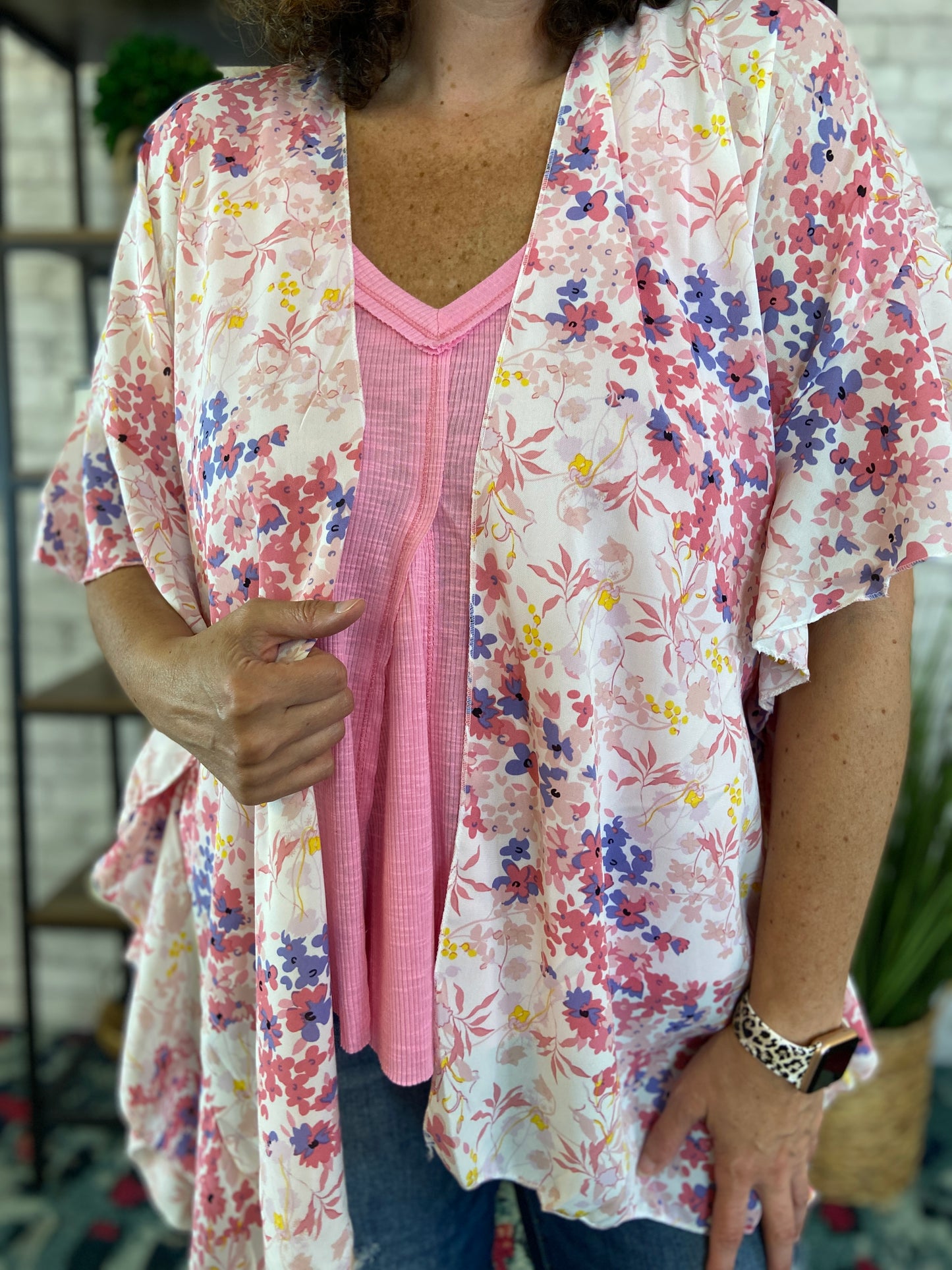 Pinky Floral Ruffle Sleeve Kimono