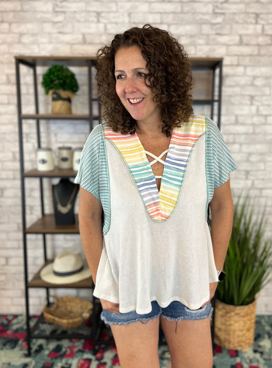 Waffle Swing Top with Multi Stripe Trim