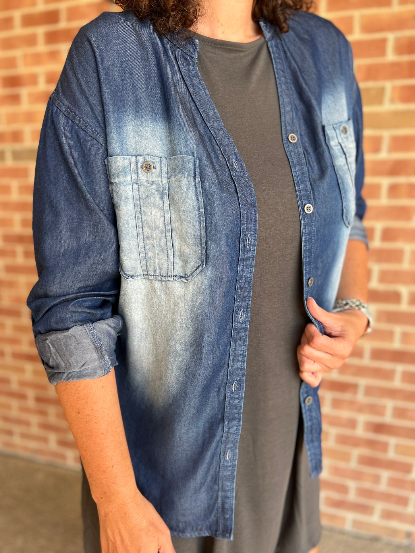 Chambray Hi-Lo Button Down Shirt