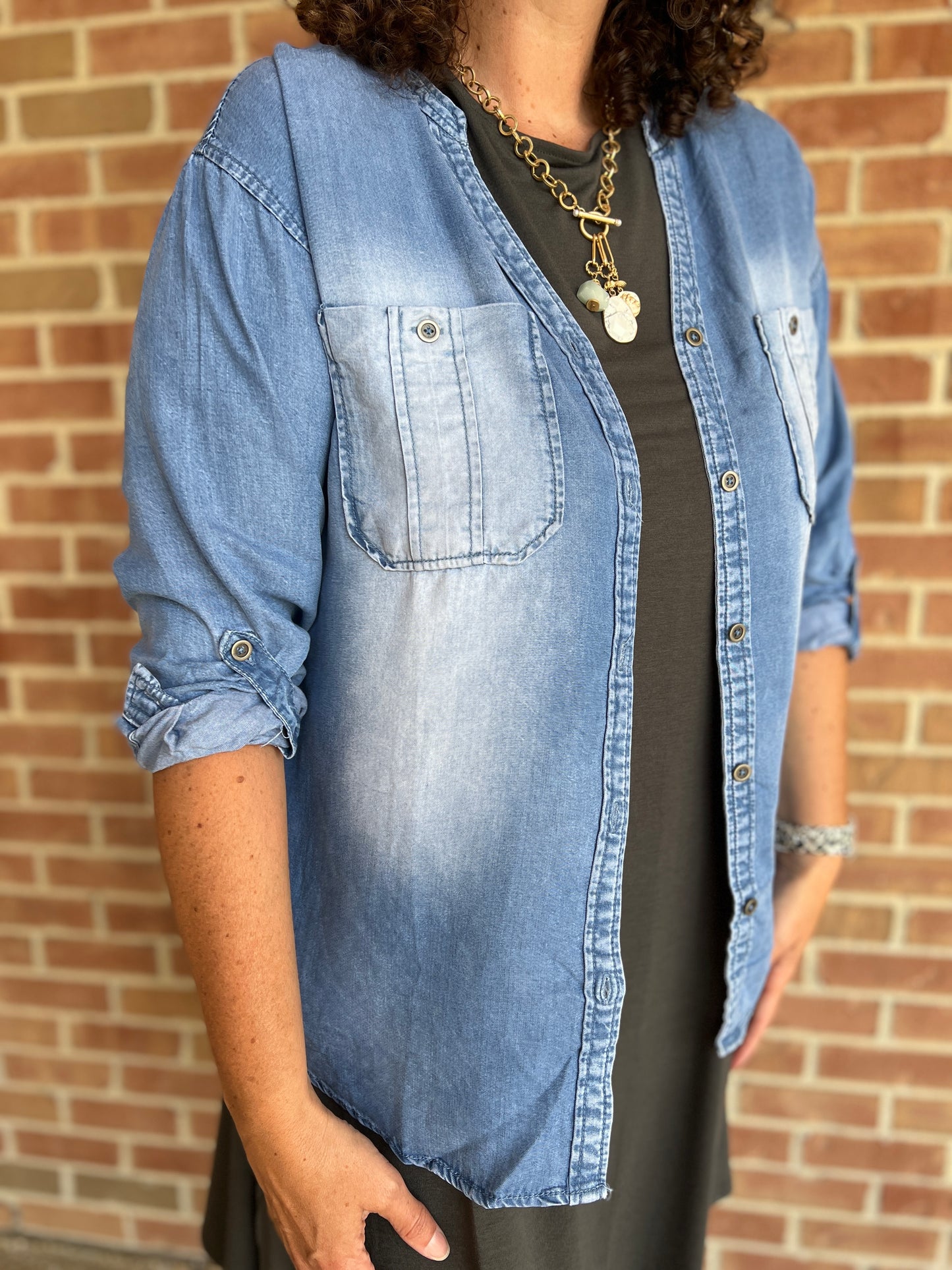 Chambray Hi-Lo Button Down Shirt