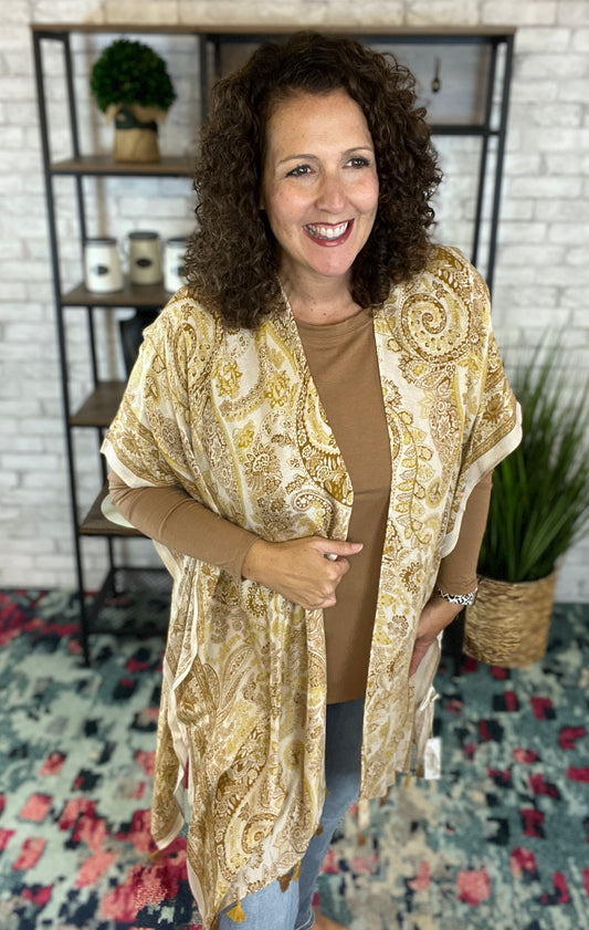 Caramel Paisley Kimono with Tassels