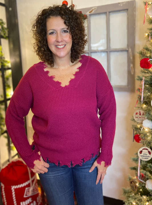 Solid Distressed Sweater - MAGENTA