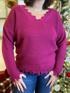 Solid Distressed Sweater - MAGENTA