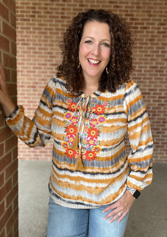 Boho Embroidered Tie Dye Blouse