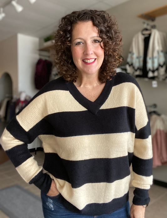 Rugby Stripe V-Neck Sweater