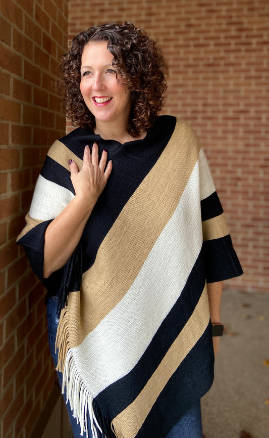 Color Block Fringe Poncho - BEIGE