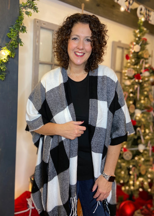 Buffalo Plaid Ruana with Fringe - WHITE