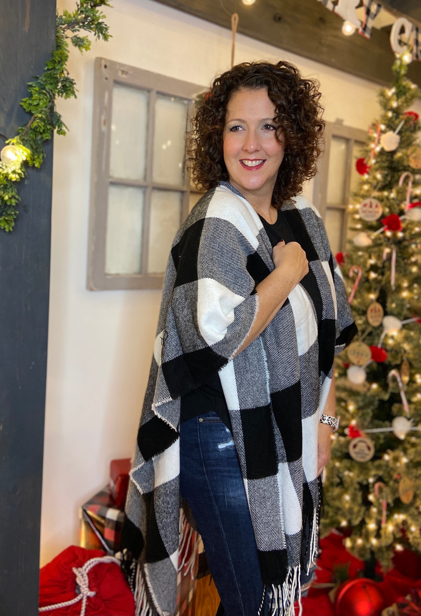 Buffalo Plaid Ruana with Fringe - WHITE