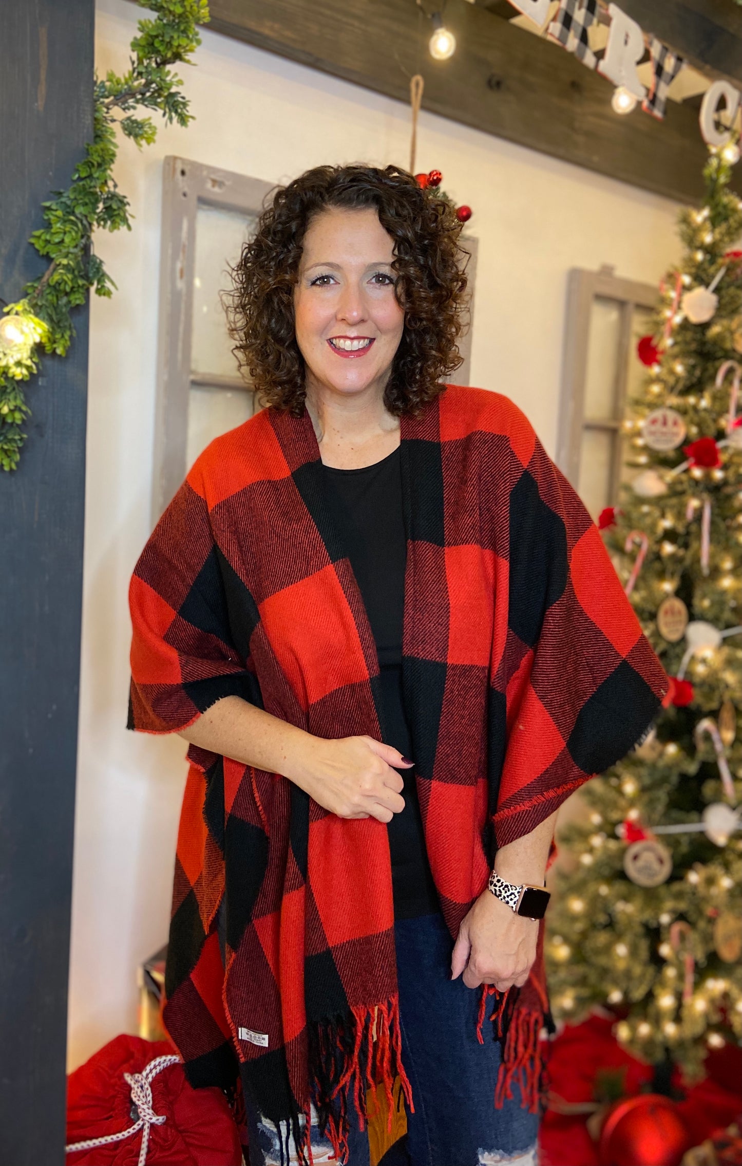 Buffalo Plaid Ruana with Fringe - RED