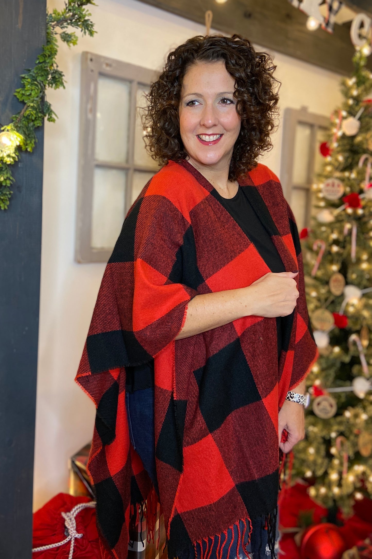 Buffalo Plaid Ruana with Fringe - RED