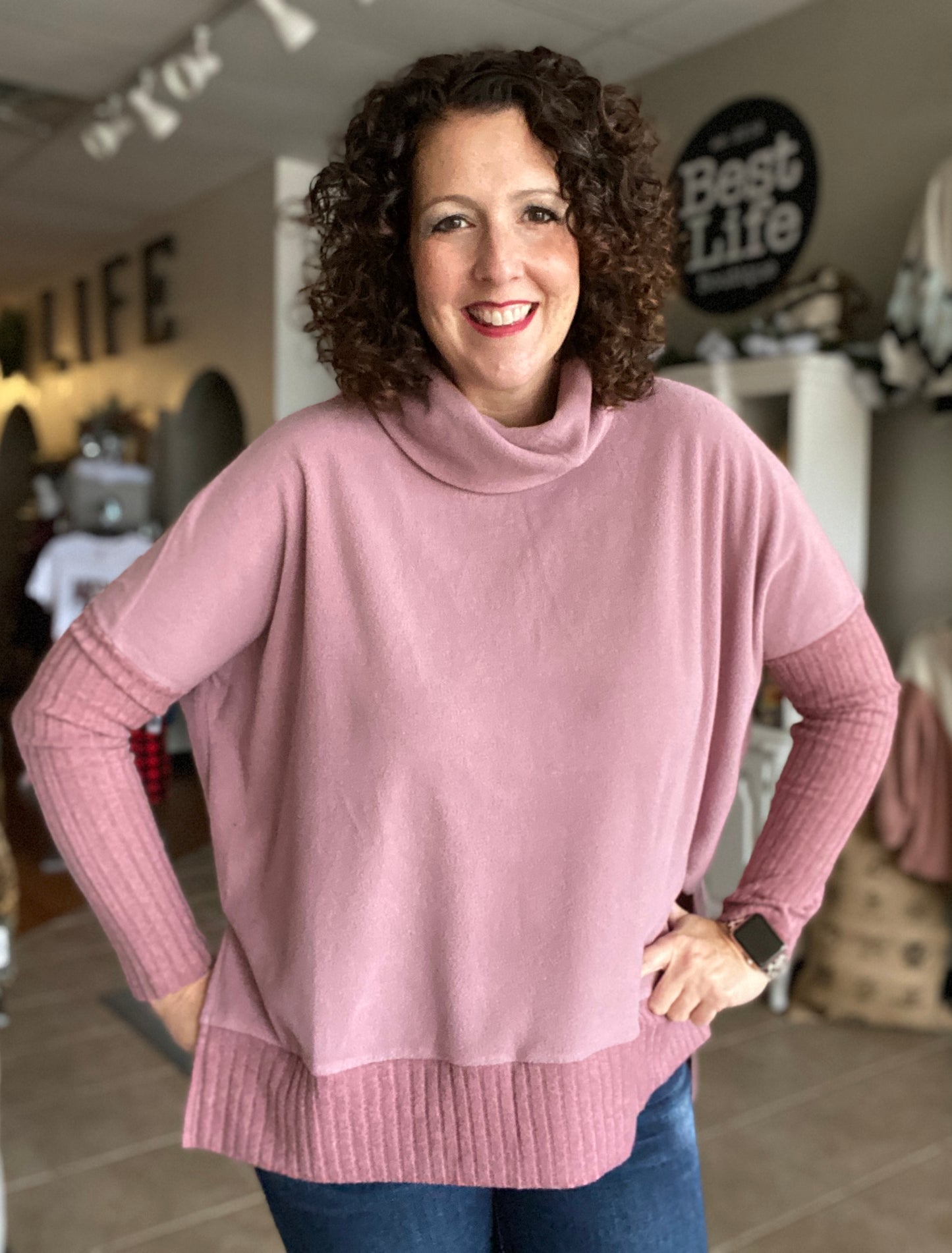 Soft Cowl Neck Top with Ribbed Trim - MAUVE