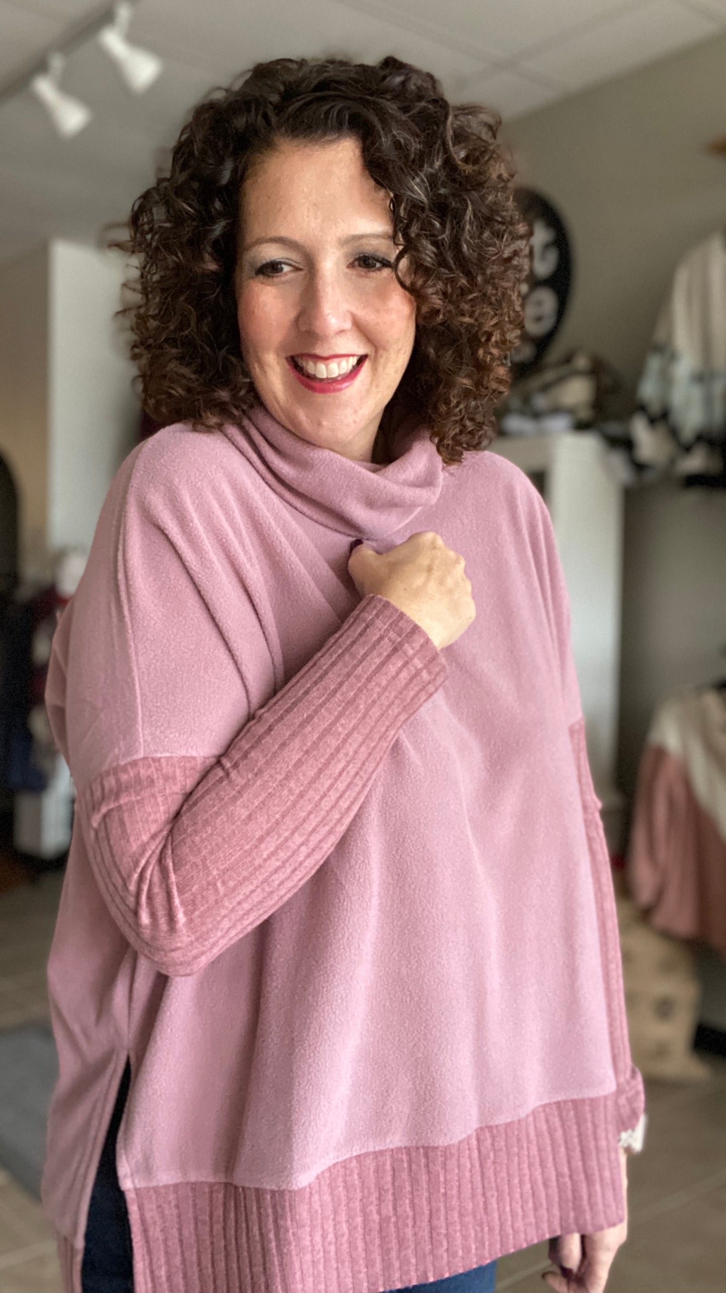 Soft Cowl Neck Top with Ribbed Trim - MAUVE