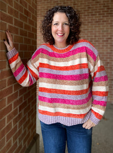 Chenille Striped Sweater - ROSE/CORAL