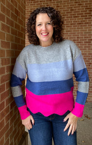 Colorblock Sweater with Scalloped Hem - HOT PINK