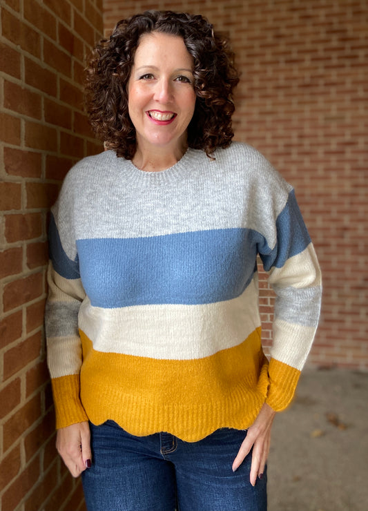 Colorblock Sweater with Scalloped Hem - HONEY