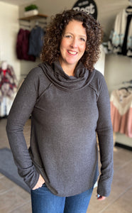 Cozy Brushed Cowl Neck Top - CHARCOAL
