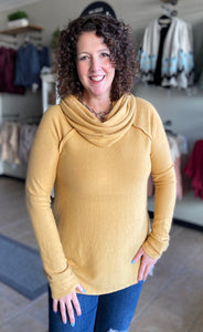 Cozy Brushed Cowl Neck Top - MUSTARD