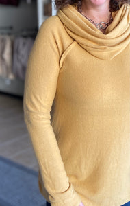 Cozy Brushed Cowl Neck Top - MUSTARD