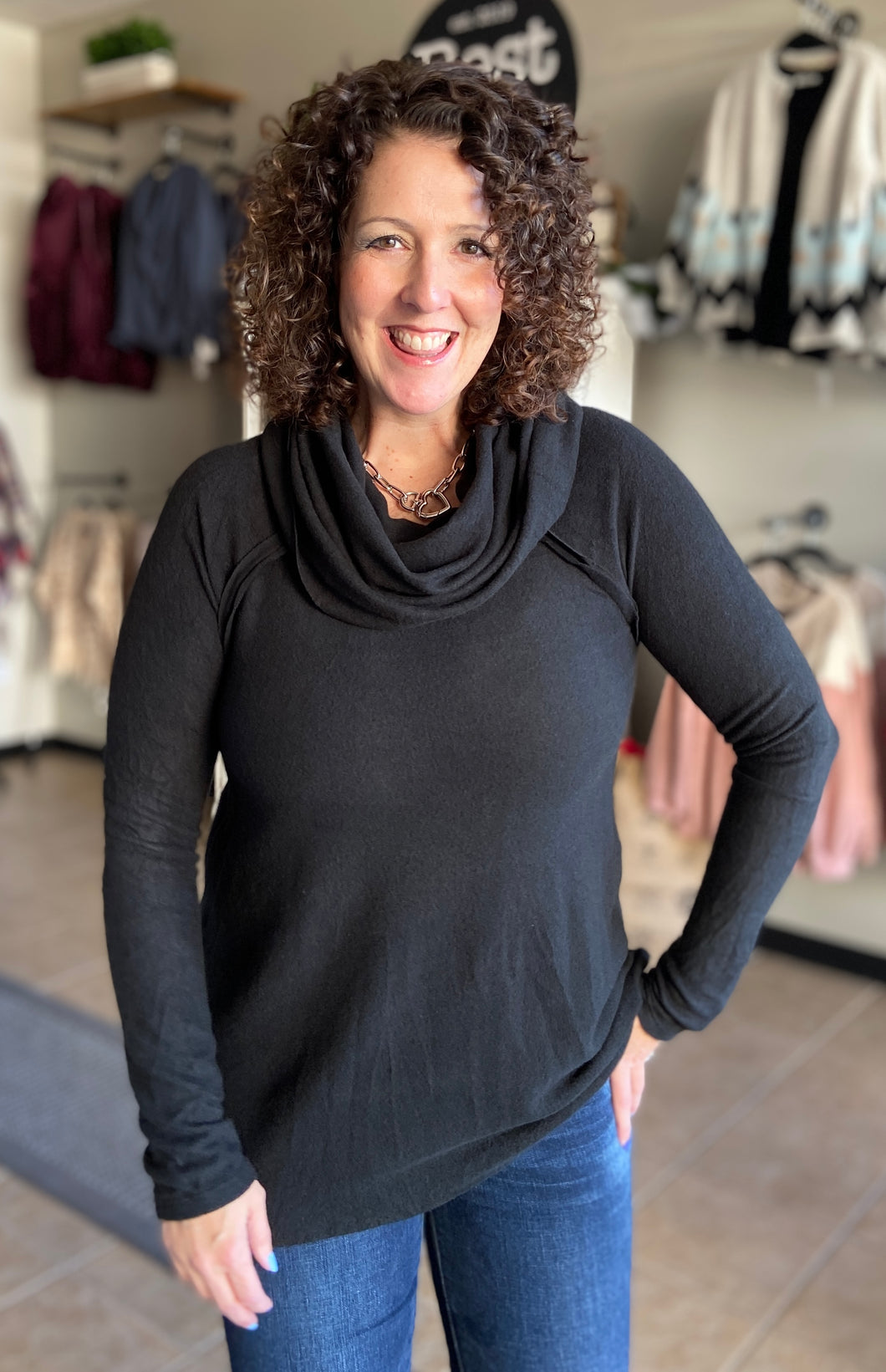 Cozy Brushed Cowl Neck Top - BLACK