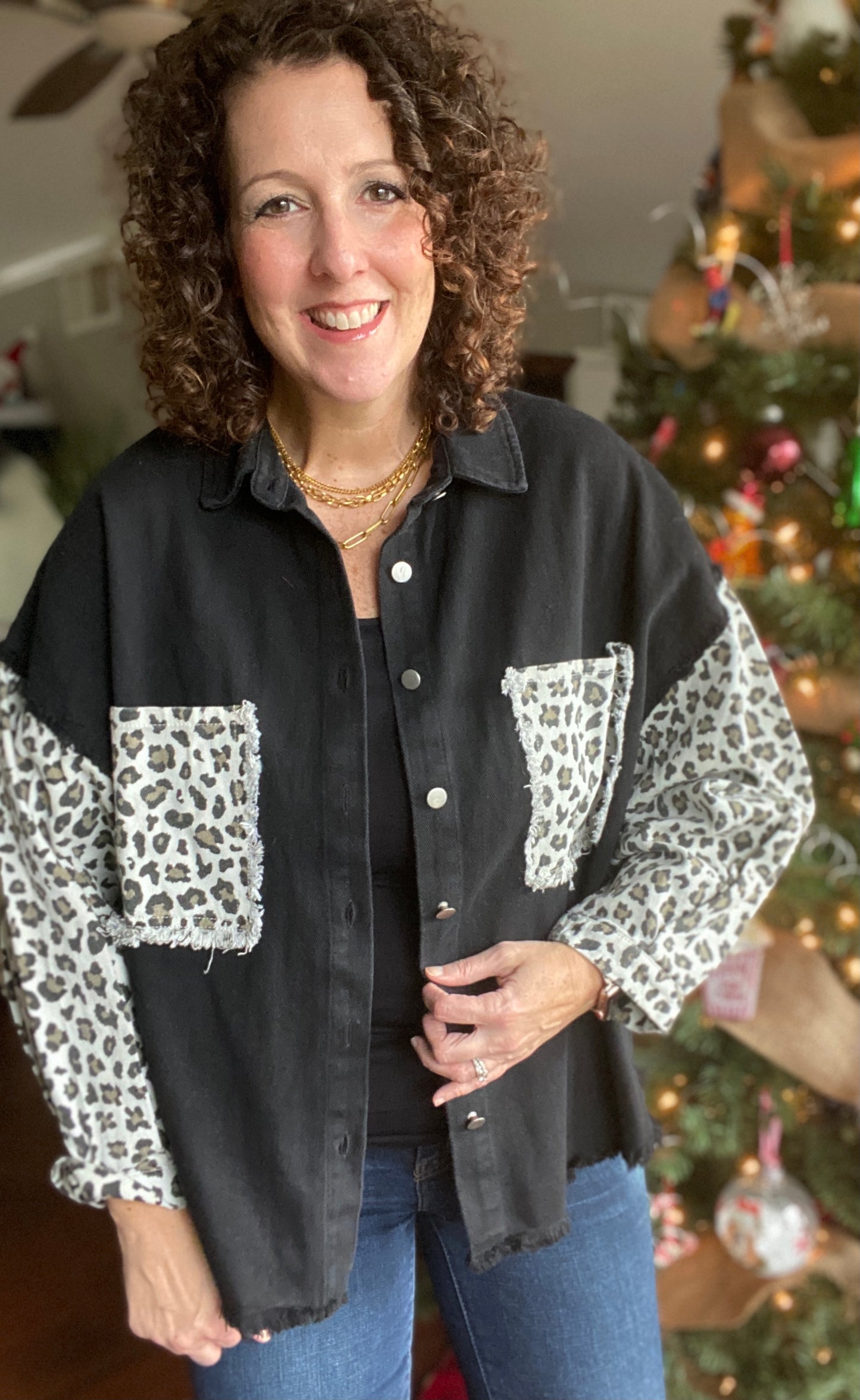 Frayed Denim Shirt with Leopard Details