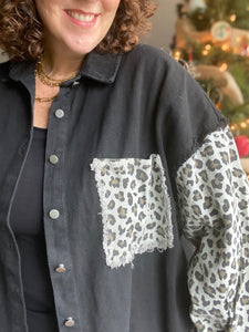 Frayed Denim Shirt with Leopard Details
