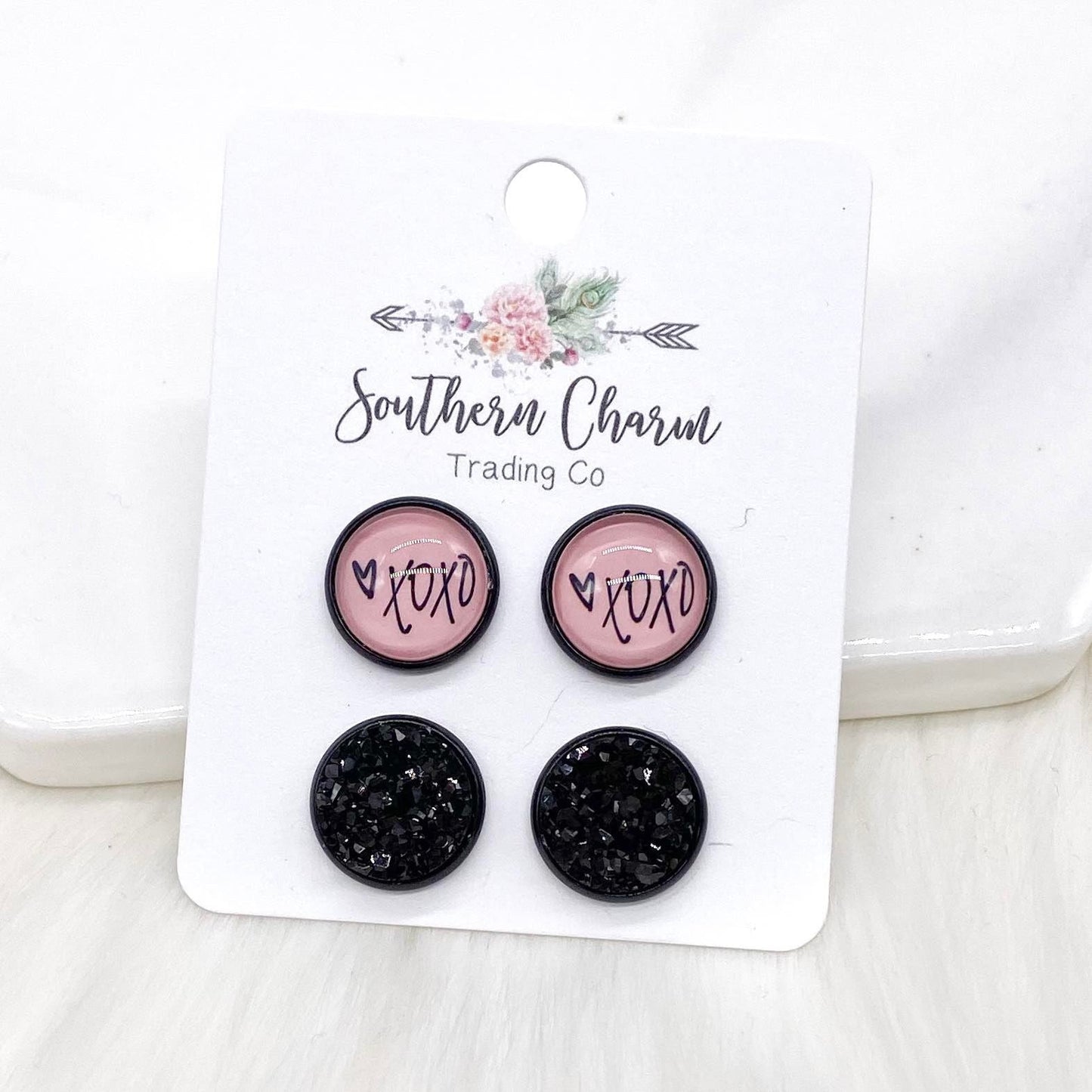 Pink and Black XOXO Stud Earring Set