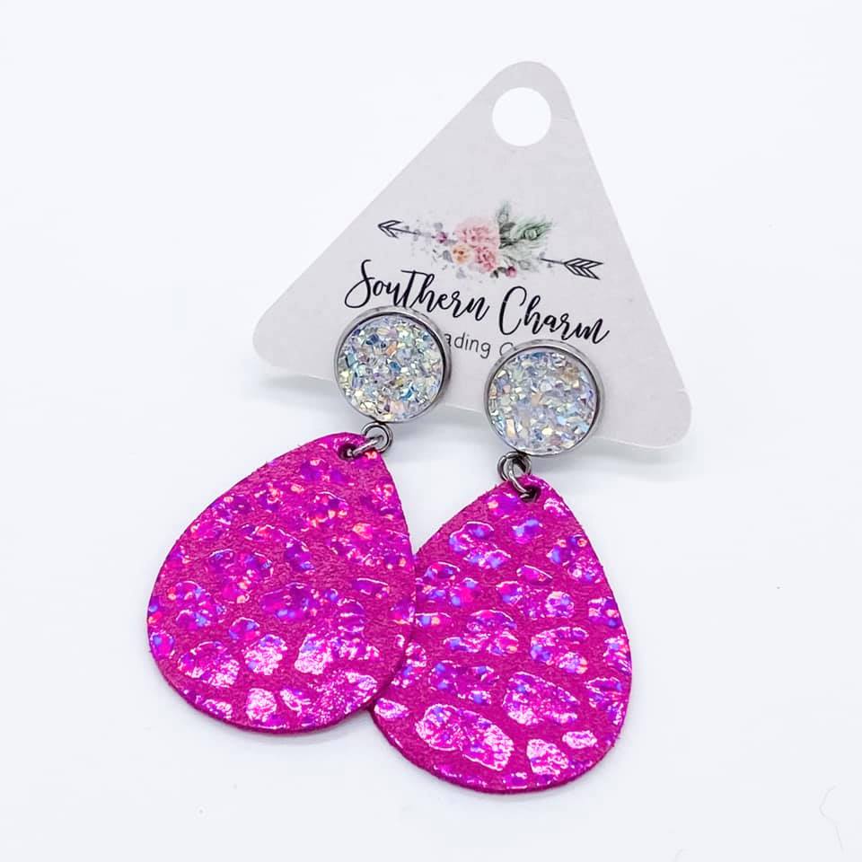Crystal and Hot Pink Leopard Dangle Earrings