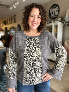 Heathered Knit Top with Leopard Panels