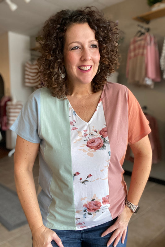 So Springy Floral Color Block Top